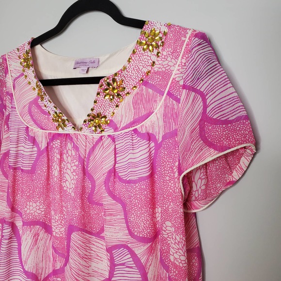 CALYPSO CHRISTIANE CELLE Pink Embellished Short Sleeve Silk Mini Dress Sz S/M - Picture 3 of 7